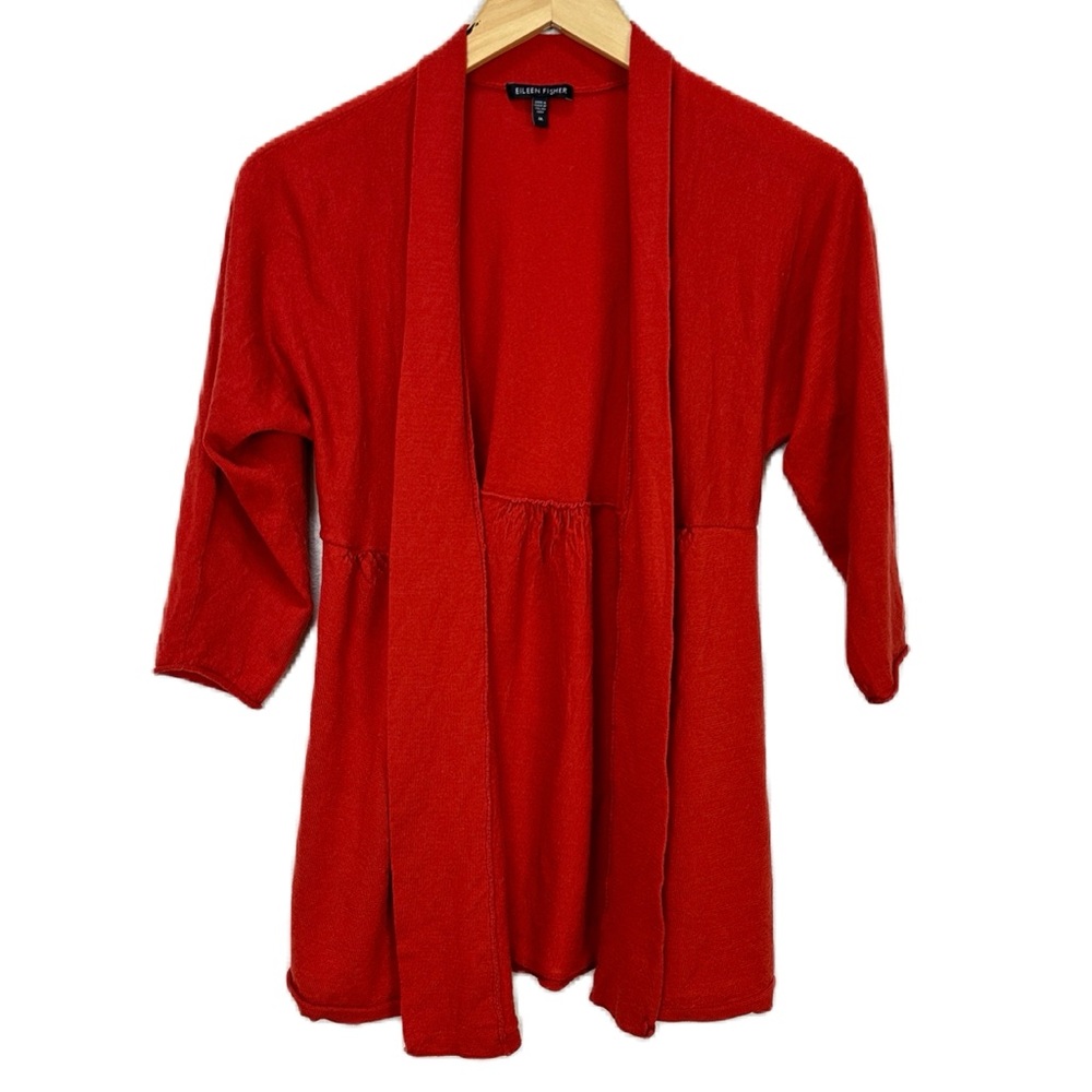 Eileen Fisher Red Merino Wool Knit Open Front Cardigan Sweater Women’s Sz Medium